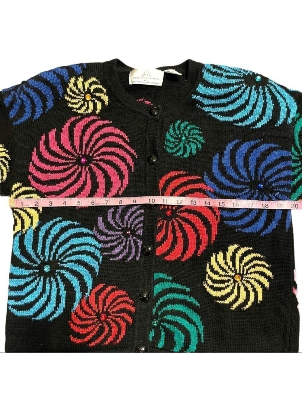 Vtg Design Options Cardigan Sweater Large Phillip Jane Gordon Pinkwheel Swirls - Picture 4 of 12